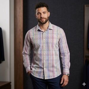 Tallia Mens Size XL (17 1/2) Dress Shirt Plaid Multicolor Long Sleeve Paisley